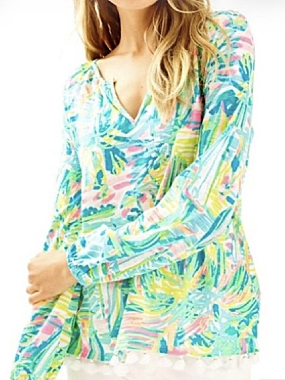 Lilly Pulitzer Women's Tassel V-Neck Cotton Tunic Top, Green, Size L